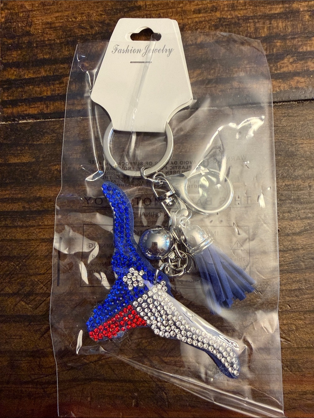 Fashion Jewelry Bling Red, White & Blue Rhinestone Longhorn Tassel Keychain